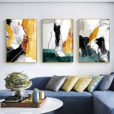 Abstract Wall Art Black and White Modern Artwork Golden Yellow Line Art Canvas Painting Wall Decor